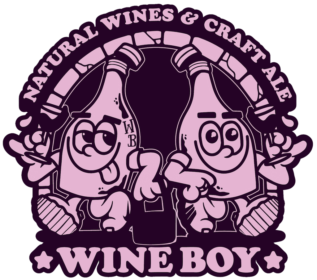 Logo of Wine Boy with cartoon characters holding bottles, surrounded by text about natural wines and craft ale.